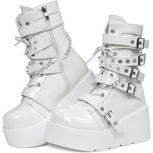 Women Polyurethane B-white Wedge Round Toe Buckle Combat Leather Platform Boots